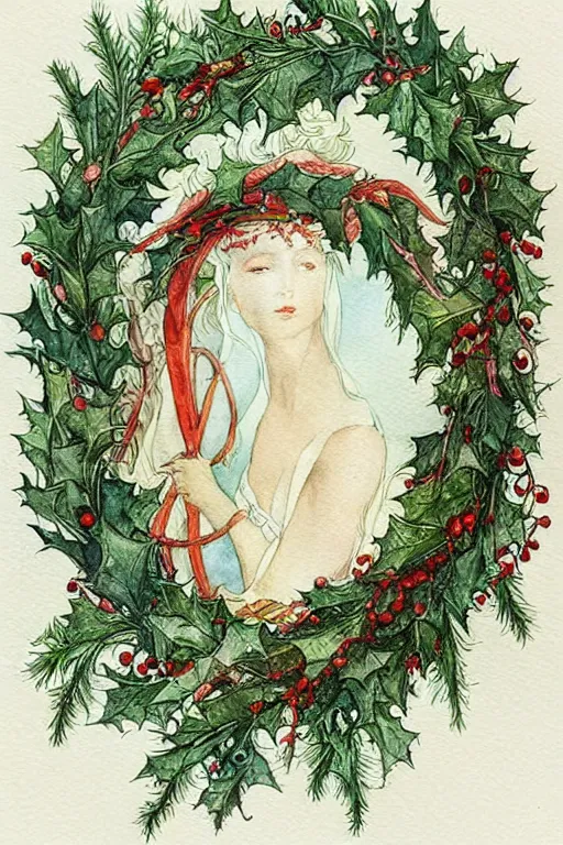 Image similar to realistic watercolor painting of a wreath of holly on a white background, detailed art by kay nielsen and walter crane, illustration style, watercolor