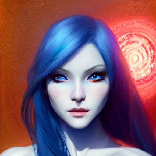 Image similar to perfectly - centered close - up portrait - photograph of blue - haired goddess with glowing - red - eyes, the perfect human female specimen, intricate, elegant, super highly detailed, professional digital painting, artstation, concept art, smooth, sharp focus, no blur, no dof, extreme illustration, unreal engine 5, 8 k, by anne stokes