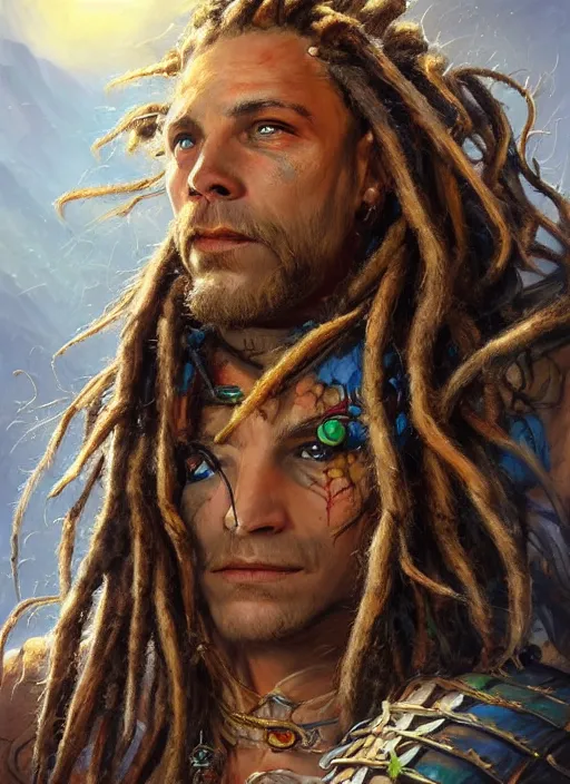 Image similar to human dreadlock, ultra detailed fantasy, dndbeyond, bright, colourful, realistic, dnd character portrait, full body, pathfinder, pinterest, art by ralph horsley, dnd, rpg, lotr game design fanart by concept art, behance hd, artstation, deviantart, hdr render in unreal engine 5