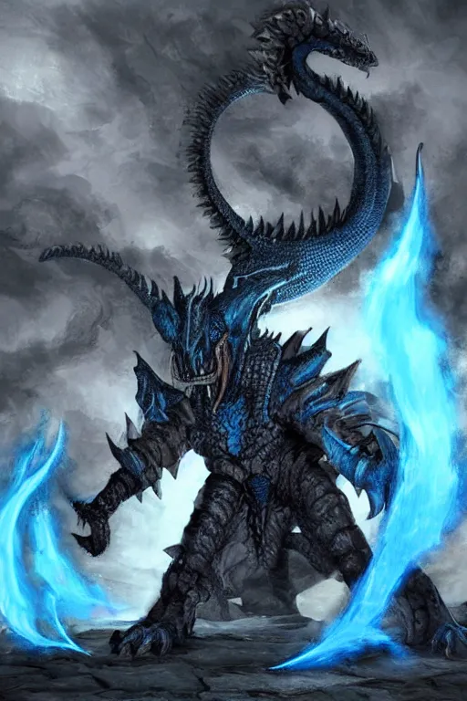 Image similar to a dark blue dragonborn with large tusks, half of his face flaming with blue flame, he wears a black dragon scales armor, art