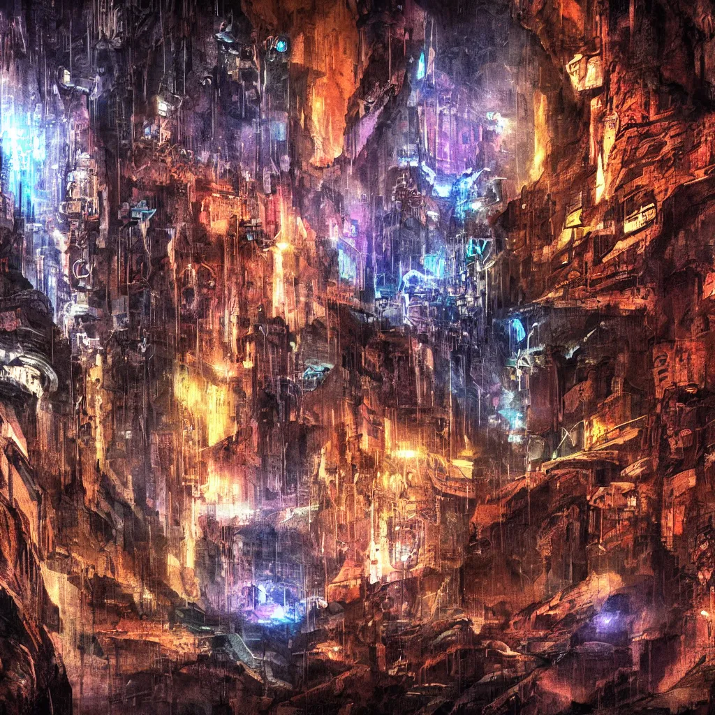 Image similar to a cave painting of a cyberpunk cave