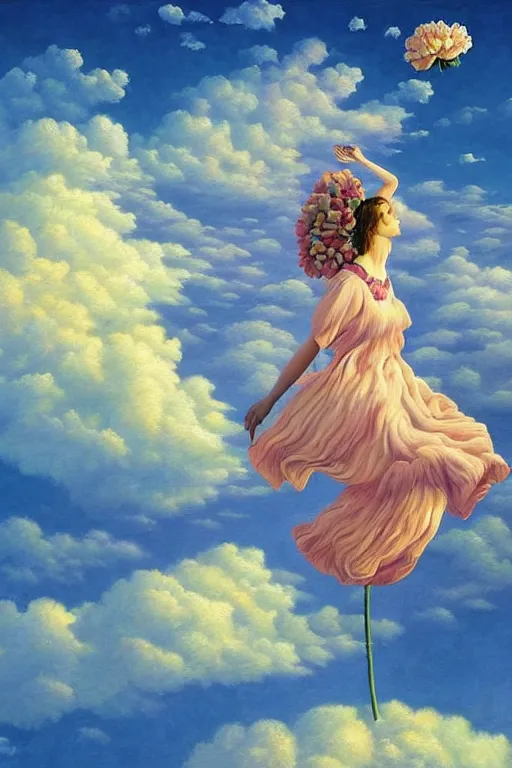 Prompt: closeup, giant carnation flower head, woman falling, surreal, clouds in sky, impressionist painting, digital painting, artstation, rob gonsalves