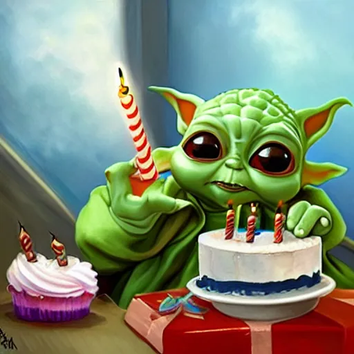 Image similar to (baby yoda) smashing birthday cake into his face, happy birthday, happy birthday candles, mischievous, inquisitive, devious, hilarious, funny, birthday wrapped PRESENTS, by Tyler Edlin