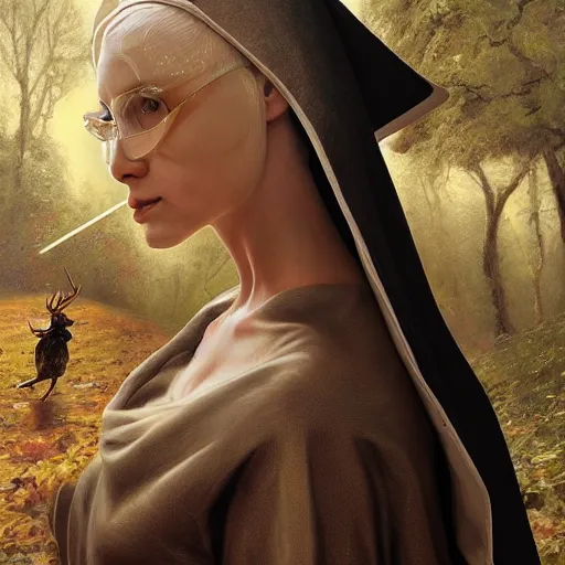 Image similar to A masterpiece ultrarealistic ultradetailed portrait of a Incredibly beautiful maid baroque renaissance swamp nun girl with darth vaider head hunting on deer with russian greyhound medium shot, intricate, elegant, highly detailed. trending on artstation, digital art, by Stanley Artgerm Lau, WLOP, Rossdraws, James Jean, Andrei Riabovitchev, Marc Simonetti, Yoshitaka Amano. background by James Jean and Gustav Klimt, light by Julie Bell, 4k, porcelain skin.