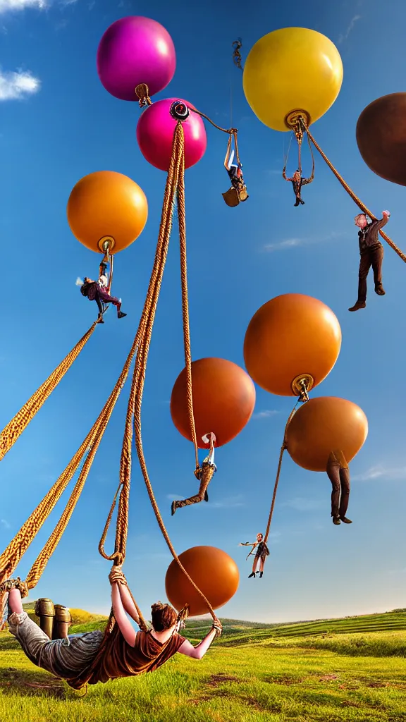 Prompt: large colorful vintage steampunk balloons with people on rope swings underneath, flying high over the beautiful countryside landscape, professional photography, 8 0 mm telephoto lens, realistic, detailed, digital art, unreal engine