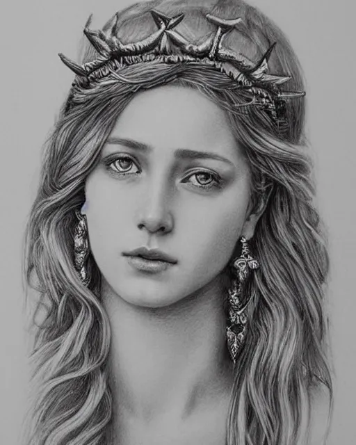 Prompt: pencil drawing of the very beautiful greek goddess aphrodite wearing a laurel wreath with arrowhead earrings, piercing eyes, beautiful flowing hair, hyper realistic face, in the style of greg rutkowski, fantasy, amazing detail, epic, elegant, smooth, sharp focus, young