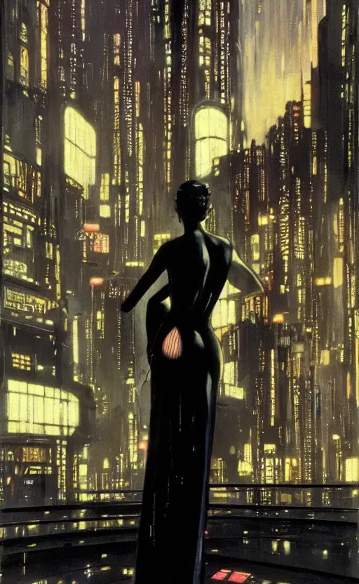 Image similar to an elegant Black woman in dress and heels, her back is to us, looking at a futuristic Blade Runner city, by Robert McGinnis.