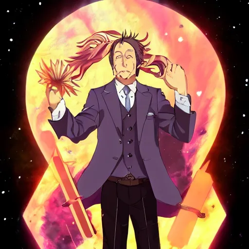 Image similar to portrait of saul goodman wielding the element of astrology magecraft, space wind, anime fantasy illustration by tomoyuki yamasaki, kyoto studio, madhouse, ufotable, trending on artstation