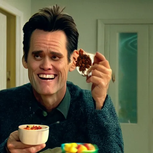 Image similar to a cinematic shot of Jim Carrey eating a bowl of cereal, film grain, 8k