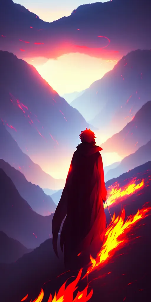 Image similar to a demonic figure obscured by fire. mountains in background, by nashimanga, anime illustration, anime key visual, beautiful anime - style digital painting by wlop, amazing wallpaper