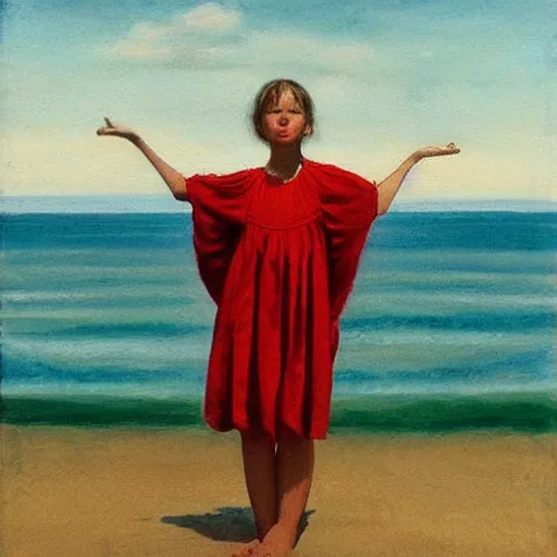 Prompt: by heywood hardy, by matti suuronen saturated, tender. the conceptual art of a young girl in a traditional hula outfit. she is standing on a surfboard in front of a beautiful ocean landscape.