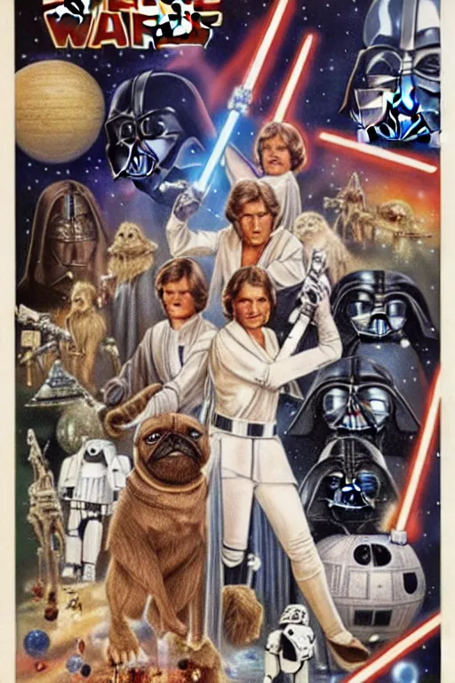 Image similar to vintage 1 9 7 7 star wars episode iv a new hope movie poster, with pugs instead of people