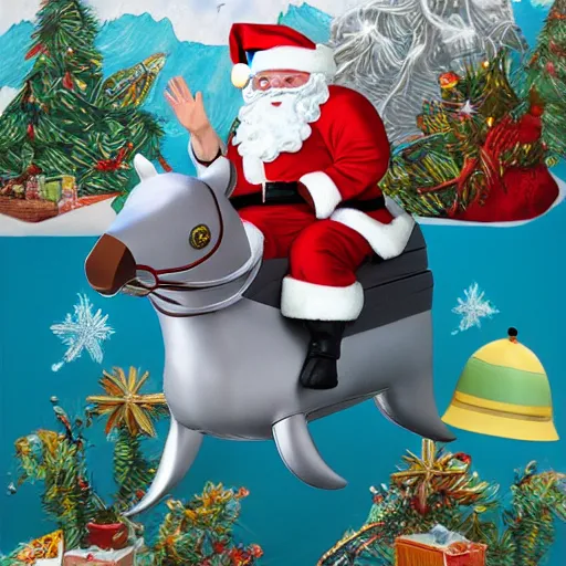 Prompt: santa riding a dolphine with a spacesuit on