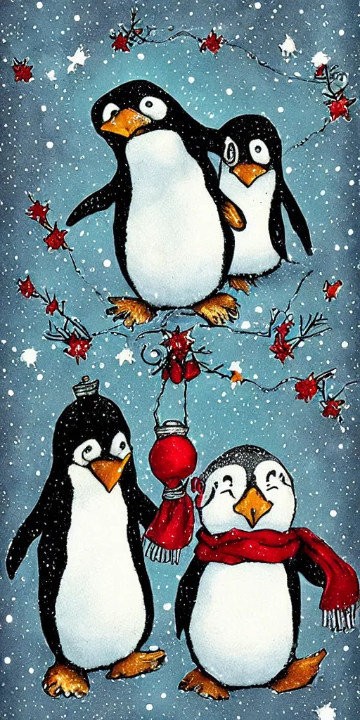 Prompt: a christmas card penguins scene by alexander jansson