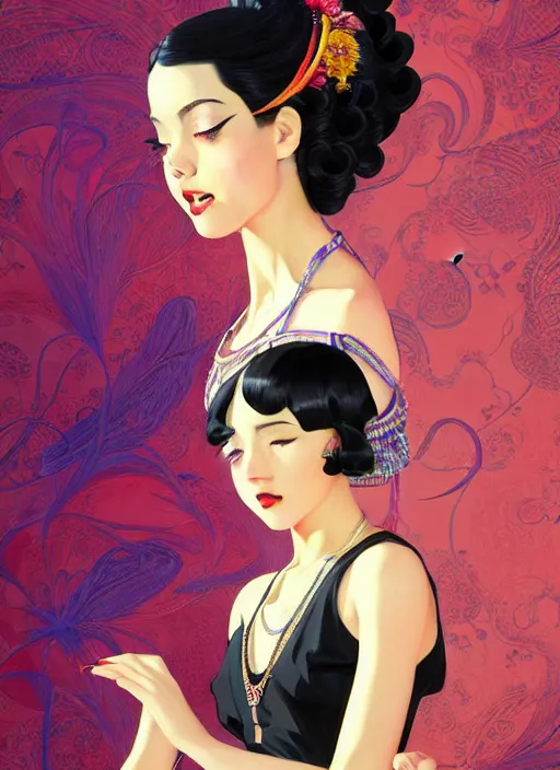 Image similar to a beautiful dancer with black hair in 1930's fashion, living room background, intricate, highly detailed, digital painting, artstation, official media, anime key visual, concept art, rich vivid colors, ambient lighting, sharp focus, illustration, art by Artgerm, Makoto Shinkai, Ilya Kuvshinov, Lois Van Baarle, and Rossdraws