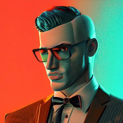 Image similar to stylish man cartoon portrait made out of rain, pinstripe suit, cyberpunk background, rendered in octane, unreal engine, highly detailed, trending on artstation, realistic, neon, beautiful, volumetric lighting, depth of field