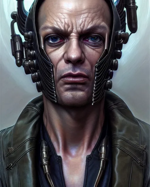 Image similar to front shot of a cyberpunk criminal mastermind character, intricate, elegant, highly detailed, centered, (((artstation, concept art, smooth, sharp focus, artgerm, Tomasz Alen Kopera, Peter Mohrbacher, donato giancola, Joseph Christian Leyendecker, WLOP, Boris Vallejo))), mugshot!!!!!, ugly!!!!!!