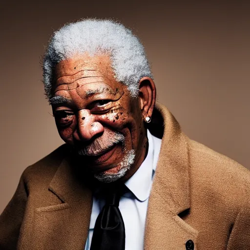 Image similar to a studio photograph of Morgan Freeman dressed as Travis Scott, 40mm lens, shallow depth of field, split lighting