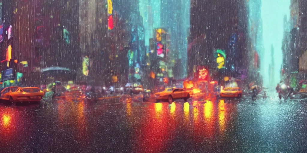 Image similar to a ultra photorealistic film still trough a raincovered window on a rainy but colourful day in new york. sparkling lights, wide shot, frog perspective, ultra sharp, wes anderson, studio ghibli, pixar and disney animation, octane render, anime key art by greg rutkowski, bloom, dramatic lighting