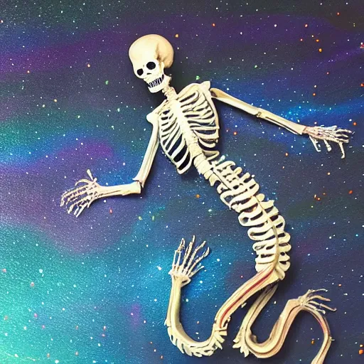 Image similar to stop motion bipedal halloween skeletal eel skeleton fantasy mermaid with a boney fish body, on a spray painted cardboard dock with a hand painted night sky full of led glittery stars, adorable, side profile, macro camera lens