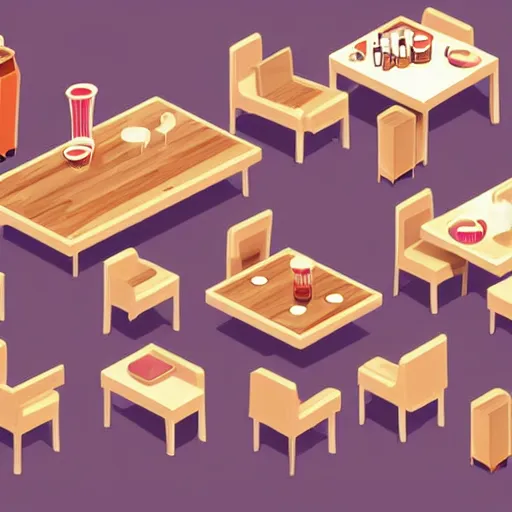 Image similar to isometric cartoon of funky recreational cannabis cafe area, coffee machine, aluminum sheen, wooden furniture, people drinking coffee and smoking cannabis, tables and chairs, by benoit mandelbrot, low poly cute minimal interior design concept art illustrated by anni albers