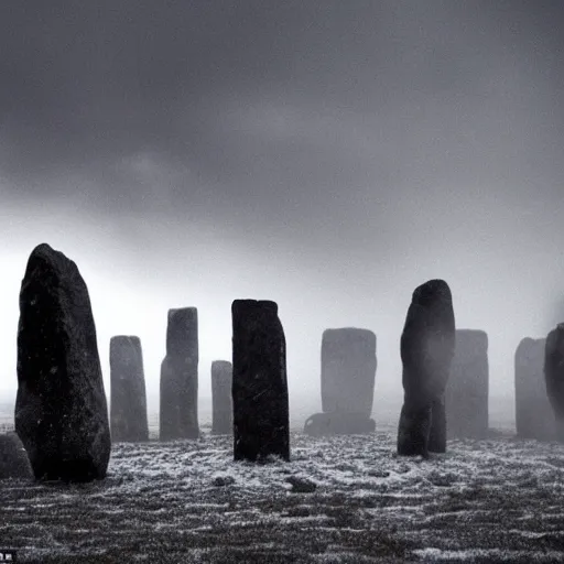 Prompt: 'hundreds of cats play among neolithic standing stones, in a haunting snow storm, fog, atmosphere, brooding clouds'