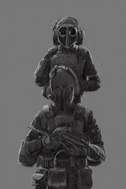 Image similar to medieval british sas female operative with the standard s 1 0 gas mask and the black uniform, artstation, trending on artstation, establishing shot, by simon stalenhag