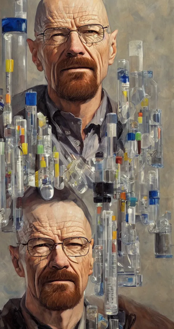 Image similar to a highly detailed beautiful portrait of walter white surrounded by test tubes, by gregory manchess, james gurney, james jean