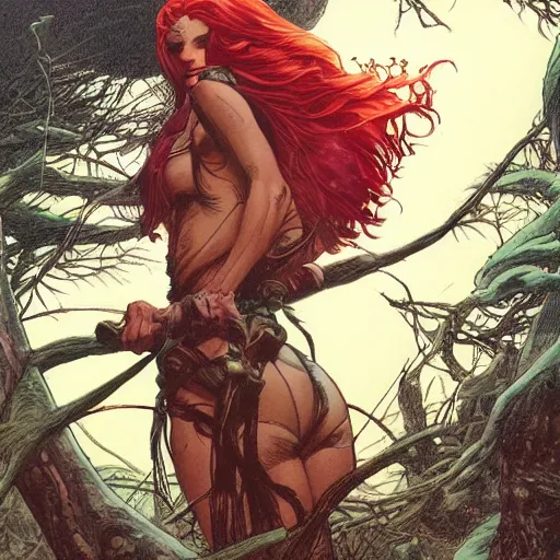 Prompt: a beautiful comic book illustration of a vamapire woman with long red hair in the forest at night by Jerome Opeña, featured on artstation