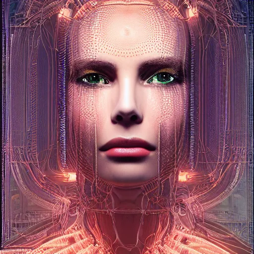 Image similar to very beautiful woman integrating with technology, full face frontal centered, portrait, insipiring, detailed intricate ornate cables connected to head, big open electric eyes, luxurious detailed abundent wiring and implants, diamonds, sci-fi, neon, emeralds, detailed technology full background, highly detailed, artstation, Rene Lalique and Eddie Mendoza and Gil Elvgren