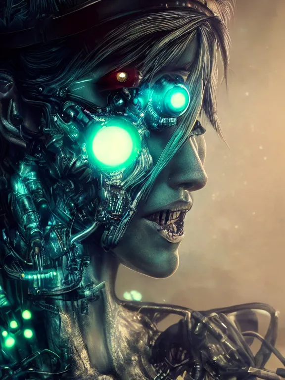 Image similar to portrait art of 8k ultra realistic retro futuristic zombie, lens flare, atmosphere, glow, detailed,intricate,blade runner, cybernetic, full of colour, cinematic lighting, trending on artstation, 4k, hyperrealistic, focused, extreme details,unreal engine 5, cinematic, masterpiece, art by ayami kojima, giger