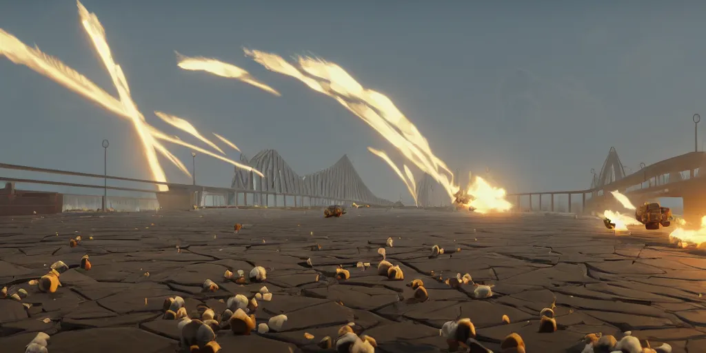 Image similar to explosion on the crimean bridge in the form of cotton plant, team fortress style, 3 d octane remder, epic lighting, 8 k, by goro fujita