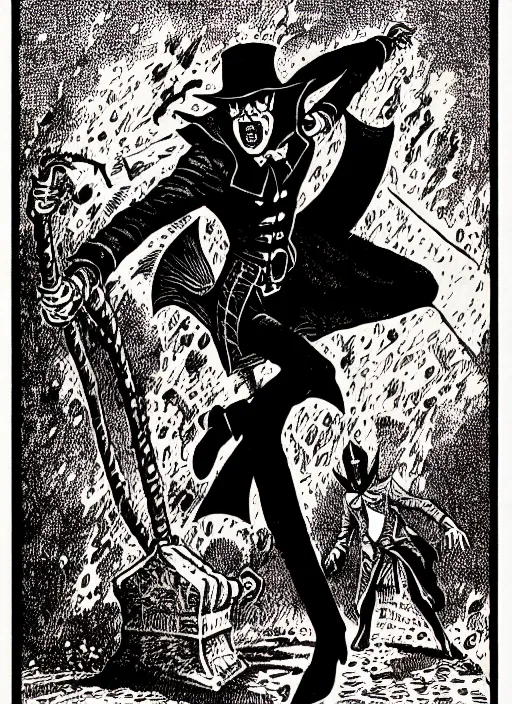 Prompt: spring - heeled jack d & d style illustration, full body, pen - and - ink illustration, etching, by russ nicholson, david a trampier, larry elmore, 1 9 8 1, hq scan, intricate details, inside stylized border