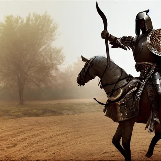 Image similar to middle eastern warrior on his horse the guy is holding a strong heavy sword the weather is foggy and the ground is muddy the horse have a heavy armour on his body photo - realistic unreal engine 5