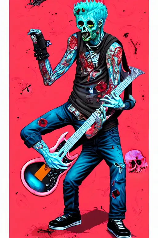 Image similar to a zombie skater punk playing electric guitar, tristan eaton, victo ngai, artgerm, rhads, ross draws