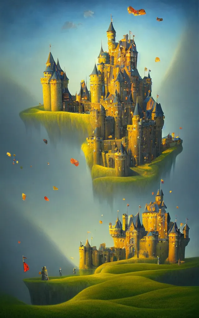 Image similar to close view of a castle an oil on canvas portrait painting of world castle happy place, volumetric light godray, surrealism, surrealist, impossible geometry, rob gonsalves, high detail fantastic gediminas pranckevicius