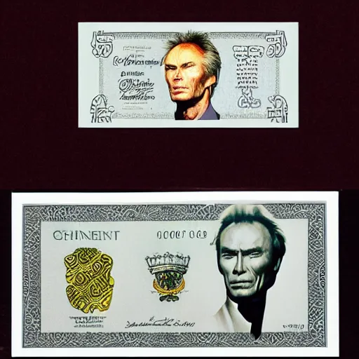 Image similar to a £ 2 0 pound note with clint eastwood instead of the queens head