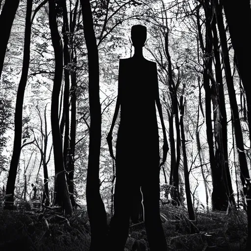 Image similar to black and white tall skinny humanoid creature in a dark forest at night, extremly detailed, 8 k, sharp focus