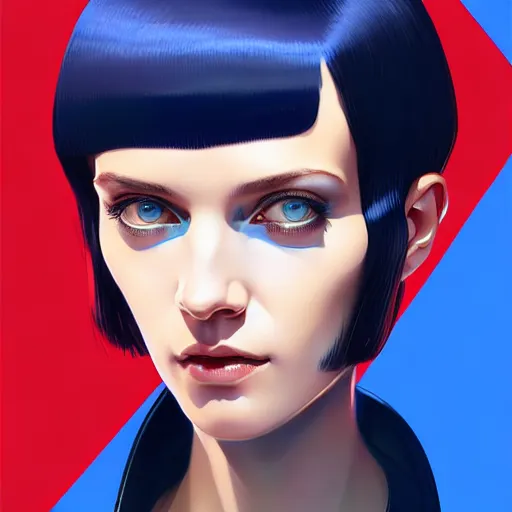 Image similar to woman with dark bobcut haircut with friendly blue eyes and slim features looking askance, cyberpunk bionics, retro - futurist style, intricate, elegant gleaming jewelry, angelic halo, highly detailed, digital painting, artstation, concept art, smooth, sharp focus, illustration, art by wlop, mars ravelo and greg rutkowski