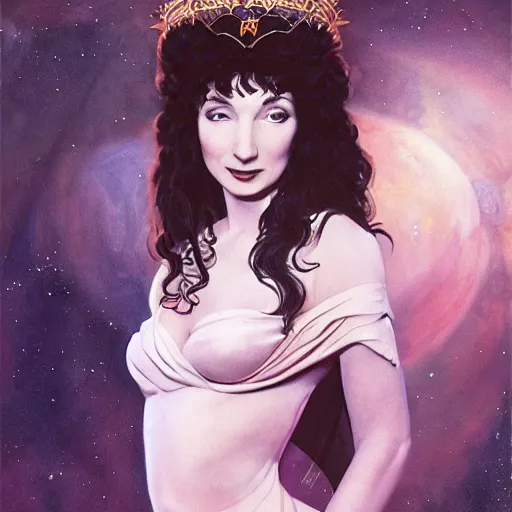 Prompt: kate bush as a princess of saturn, intricate, elegant, highly detailed, digital painting, artstation, concept art, smooth, realism, cinematic, sharp focus, illustration, art by frank frazetta, william mortensen, arny freytag