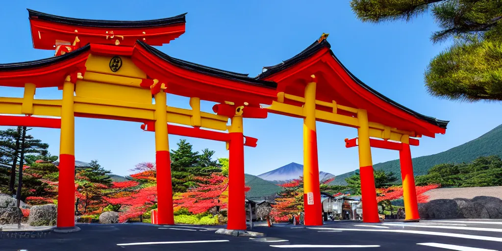 Image similar to Yellow school bus, driving towards a red japanese Torii gate at Mount Fuji location in Japan, ray tracing