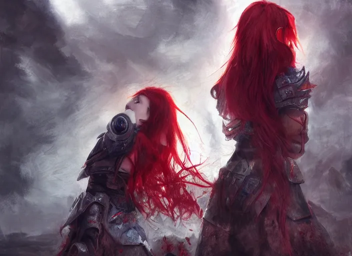 Image similar to landscape, portrait painting beautiful realism, a japanese girl red hair in armor who was sprawled out was about to rise, his face covered in blood. cinematic scene, good lighting, fine art, trending on artstation, smooth draw, sharp focus.