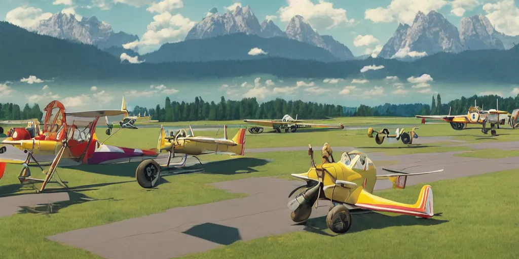 Image similar to a ultra photorealistic and sharp film still of an a sunny and colourful airfield in 1 9 1 6 in the middle of the bavarian alps, germany. parking and flying airplanes, wide shot, frog perspective, wes anderson, studio ghibli, pixar and disney animation, octane render, anime key art by greg rutkowski, dramatic lighting, award winning photography