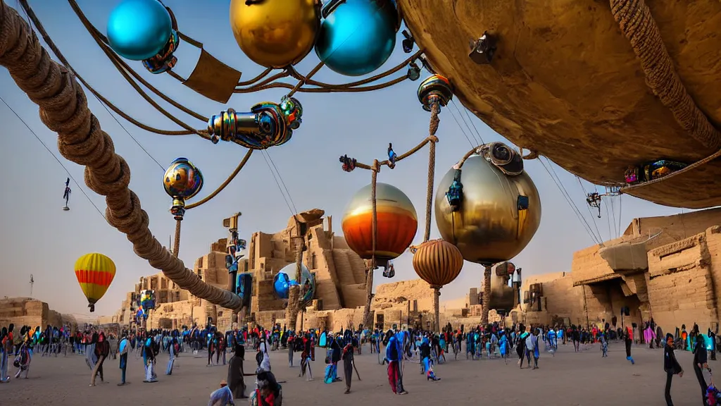 Image similar to large colorful futuristic space age metallic steampunk balloons with pipework and electrical wiring around the outside, and people on rope swings underneath, flying high over the beautiful ancient egyptian city landscape, professional photography, 8 0 mm telephoto lens, realistic, detailed, photorealistic, photojournalism