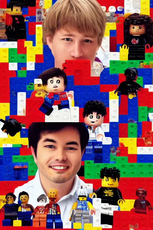 Prompt: a detailed portrait of chris - chan ( christian weston chandler ) wearing a red and blue longsleeve polo shirt, surrounded by legos and amiibos by caravaggio