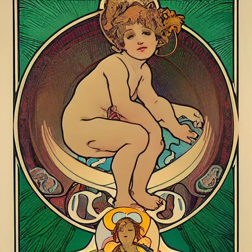 Image similar to cherub with four faces in one, byalphonse mucha