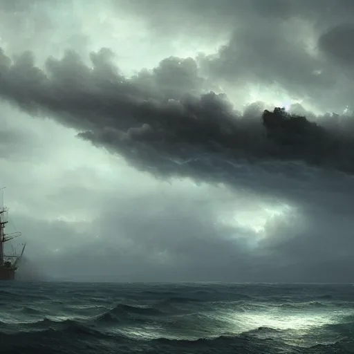 Image similar to an ship docking into an stormy island, Matte painting , detailed painting, made by Greg Rutkowski, 4k resolution, atmospheric, breathtaking