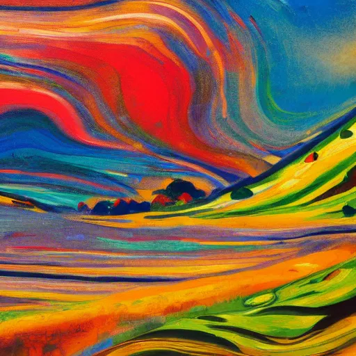 Prompt: a wild modernist landscape painting filled with energy patterns rippling in all directions, mountains, rushing water, saturated colors