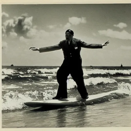 Prompt: Adolf Hitler surfing at the Hawaii, Old photo, 1930