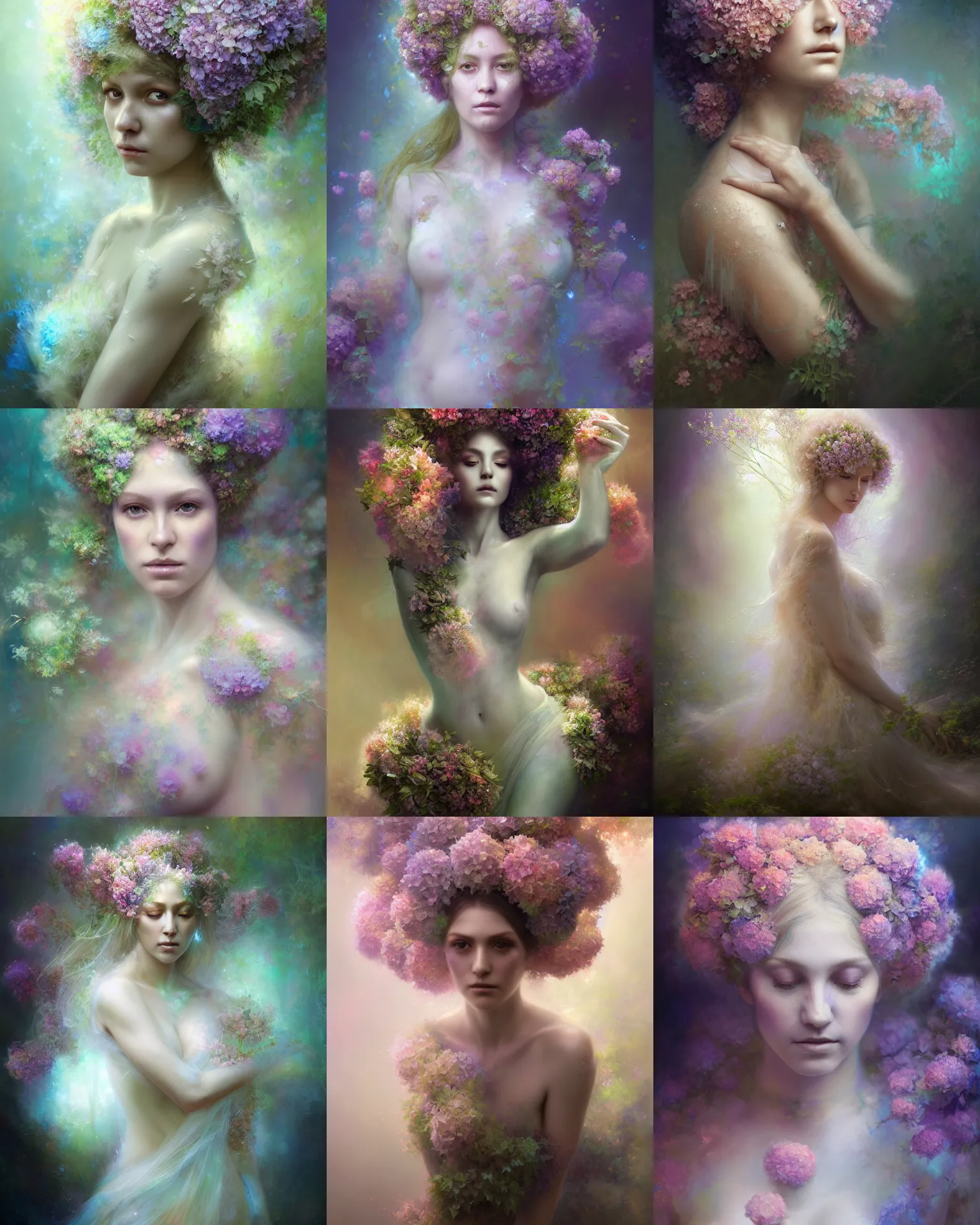 Prompt: Full view realistic Portrait ethereal hydrangea dryad wearing beautiful dress, deity of hydrangeas, mystical, 4k digital masterpiece by Craig Mullins and Alberto Seveso, Ruan Jia, rossdraws, medium shot, fantasycore, Hyperdetailed, realistic oil on linen, soft lighting, Iconography background, featured on Artstation